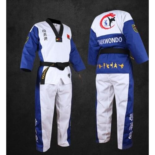 Blue Top Quality Colored Adult Male Female Kids taekwondo uniform with embroidery Taekwondo dobok Suit for training clothes