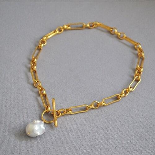 Thick Chain Normcore Style High Quality Shaped Baroque Pearl Fishtail Bead OT Clip Necklace for Women