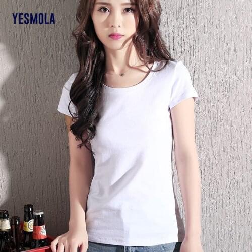 YESMOLA 2021 New Womens T-shirt 95% Cotton Pure Color Short Sleeve Women T Shirt for Female Slim Tops Woman T Shirts Clothing