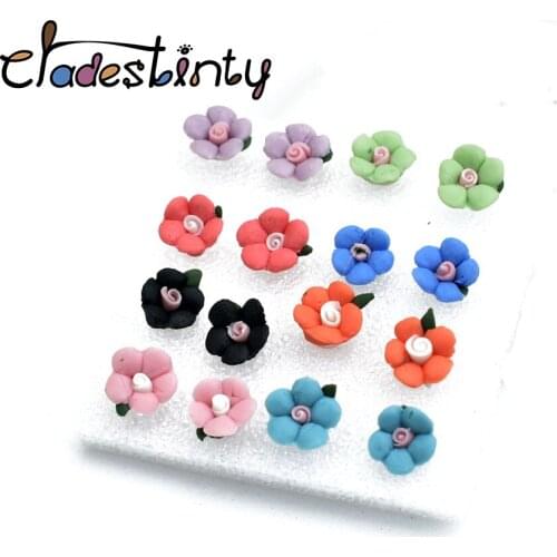 Chadestinty 8 Pairs Colorful Blue Green Pink Ceramic Flower Stud Earrings Set Womens Earring Sweet Floral Jewellery Joyeria