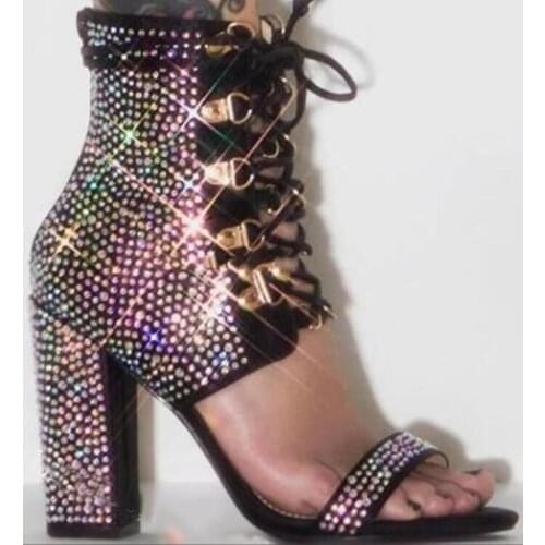 Linamong Bling Bling Black Sliver Diamond Crystal Cross Lace Sandals Boots Woman Fashion Open Toe Chunky Heels Short Boots
