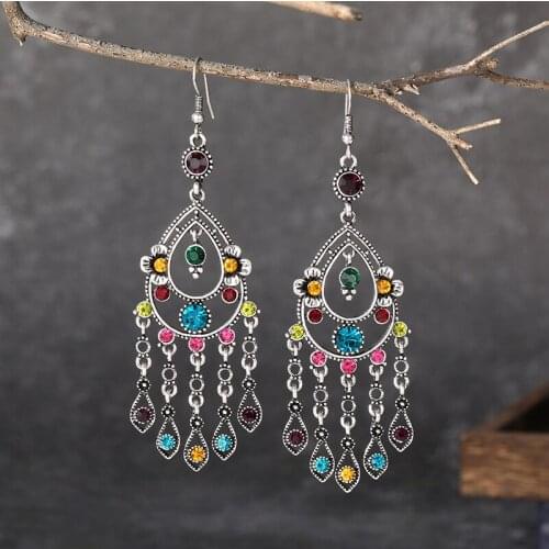 New Boho Gypsy Vintage Corful Rhinestone Indian Earrings Retro Silver Color Tassel Ladies Jhumka Earrings Orecchini Jewelry