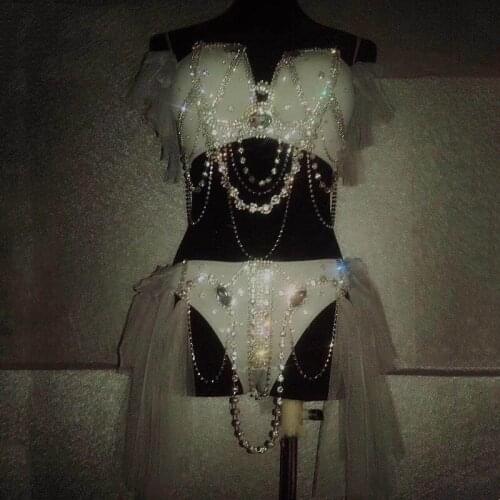 Women Nightclub Pole Dancing Costume Sparkly Rhinestones Bikini Bar DJ Singer Performance Stage Wear Model Catwalk Show Clothing