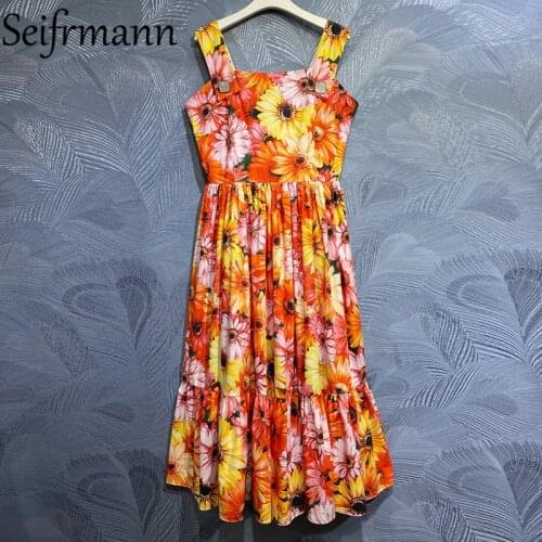 Seifrmann New 2021 Summer Women Fashion Runway Party Cotton Dress Sexy Spaghetti Strap High Waist Floral Printed Midi Dresses