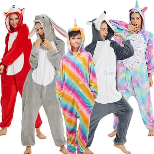 Boys Girls Pajamas Unicorn Winter Flannel Christmas Pajamas Kigurumi Overalls Jumpsuit onesie Kids Adult Panda Blanket Sleepers