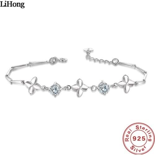 100% 925 Sterling Silver Lucky Clover Bracelet AAA Zircon Crystal Bracelet Ladies Charm Jewelry