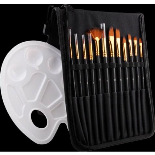 14PCS Art Paint Brush Sets with Pen Bag Paintbrush Paint Tray Palette for Watercolor Acrylic Oil Drawing Painting Black