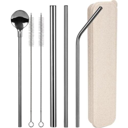6pcs/set 304 Stainless Steel Straws Set Box Reusable 6mm/12mm Milkshake Drinking Straw Bent Metal Straw with Cleaner Brush