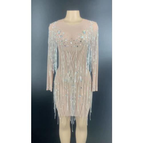Shiny Diamond Silver Chain Tassel Women Short Dress Long Sleeve Tight Stretch Dress Singer Dance Stage Wear Evening Prom Outfit