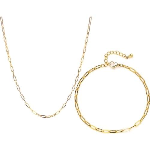 Vintage Simple And Popular Paper Clip Chain Gold Stainless Steel Bracelet Necklace Set Bridal Jewelry Sets