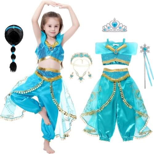 Girls Arabian Princess Costume Jasmine Dress for Carnival Children Aladdin Lamp Fancy Outfit Girl Birthday Party Clothes