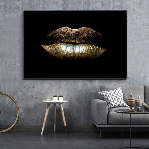 Black and Gold Sexy Lips Oil Painting on Canvas Beauty Makeup Art Cuadros Posters and Prints Wall Art Picture for Living Room