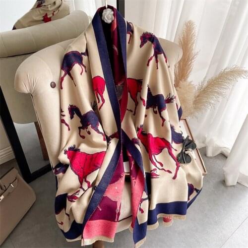 Cashmere Winter Scarf Women Print Horse Animal Thick Warm Blanket Shawl Wrap Hijab Bufanda Luxury Pashmina 2021 New