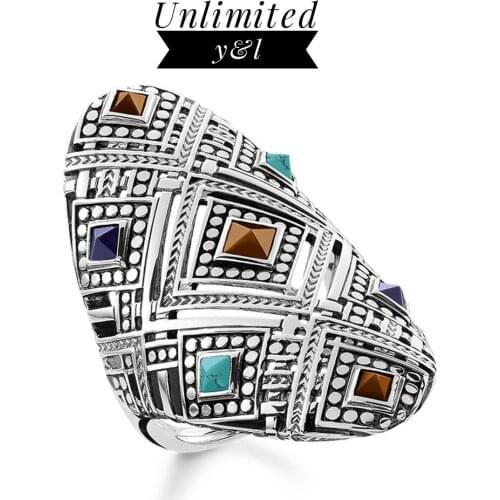Colorful Stone Cocktail Rings Ethnic Style 925 Sterling Silver Thomas Style Fashion Jewelry Accessories for Women Men 2018 New