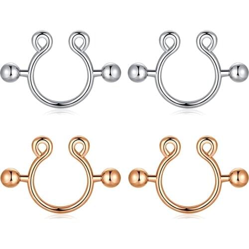 2 Pairs Fake Clip On Rings Surgical Steel Adjustable Non-Pierced Body Piercing Circular Barbell Faux Jewelry for Women Girls
