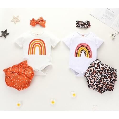0-18M Toddler Baby Girls Summer Clothes Newborn Baby Girls Rainbow Print Bodysuits+High Waist Print Shorts+Headband Outfits
