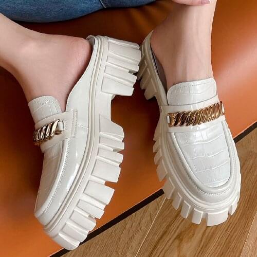 Womens genuine leather thick sole platform flats mules leisure soft comfortable round toe slip-on slides chain casual punk shoe