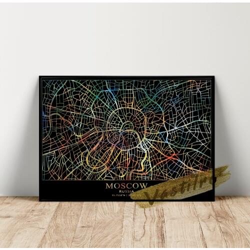 Moscow Geographic Position Wall Art, Russia Capital Location Wall Picture, Black Background Colour Line Map Poster, Idea Gift