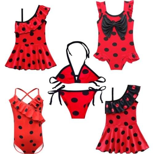 Redbug Girls Swim Wear Bathing Suits Swimming Clothes Baby Bikini Children Swim-wear Kids Lady Dot Red Beach Dress with Bag Mask
