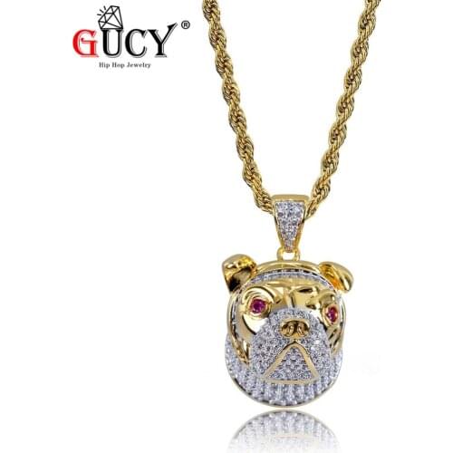 GUCY Hip Hop Pet Dog Head Pendant Necklace Gold Silver Color Micro Pave Cubic Zircon Charm Jewelry For Men and Womens Gift