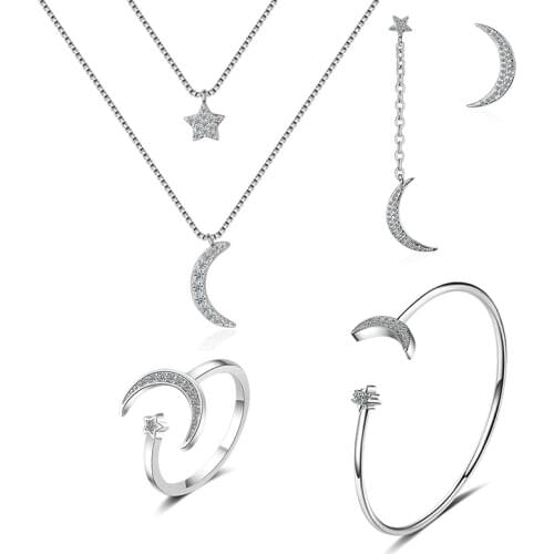925 Sterling Silver Moon and Star Necklace Bracelet Rings Earrings Wedding Jewelry set With Micro Zircon For Women