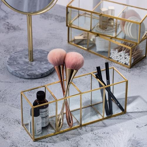 Transparent Makeup Brush Storage Barrel Pen Holder Cosmetic Storage Box Glass Copper Strip Mask Storage Case Make Up Organizer