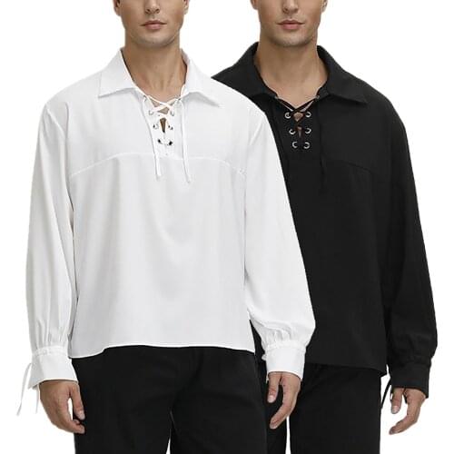 Medieval Retro Shirts Men Gothic Bandage Casual Shirts Man Long Sleeve Tie Wide Loose Solid Color Blouse Top Party