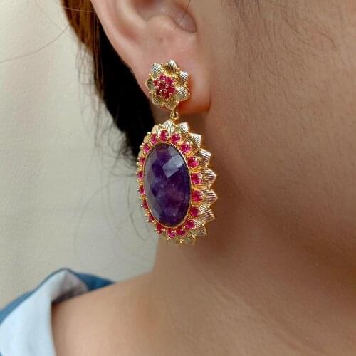 YYGEM Natural Purple Amethyst Oval Shape Cubic Zirconia Pave Bezel Set Dangle Stud Earrings