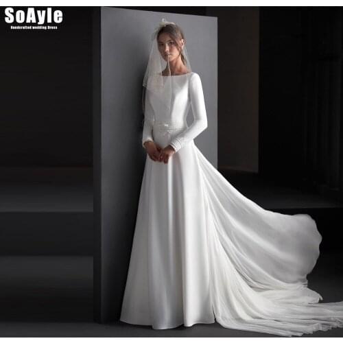 SoAyle A Line Wedding Dress Boat Neckline Lace Appliques Long Sleeves Open Back Chiffon Overlay Unique Bridal Gown