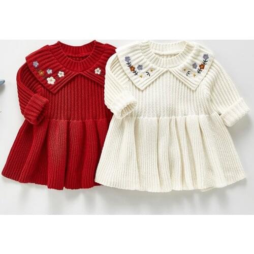 Spring Autumn Toddler Baby Girls Flower Embroidery Lovely Princess Knitting Dress Kids Party Dresses Children Clothing
