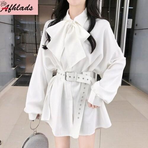 Vintage Solid Color Bow Lace-Up Puff Long Sleeved Loose Shirt Dress Spring And Autumn Office Lady Casual Vestidos With Belt
