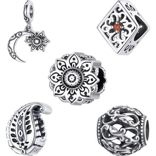 Disiniya Silver Vintage Moon Lotus Leaves Retro Texture Geometric Diamond Shape Bead Round 925 Sterling Silver Charm DIY SCC1823