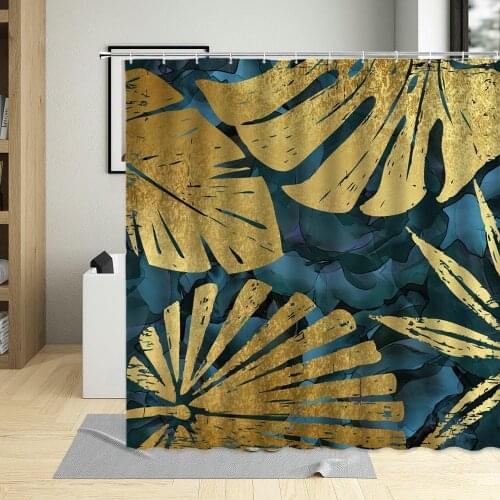 Brown Leaves Plant Shower Curtain Set Green Gold Long Palm Leaf Pattern Bath Curtain Waterproof Fabric Bathroom Decor With Hooks