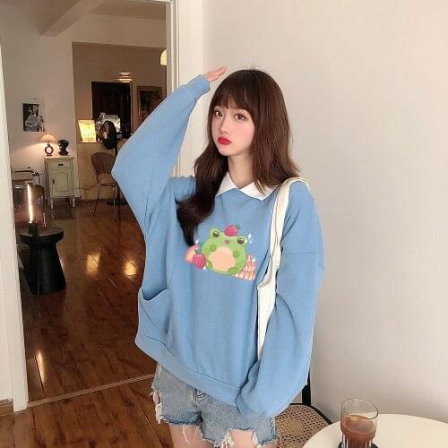 Cute Frog Strawberry Graphic Cotton Sweatshirt Oversized Clothes Harajuku Hoodie Women Aesthetic Hip Hop Sweetshirt for Girls