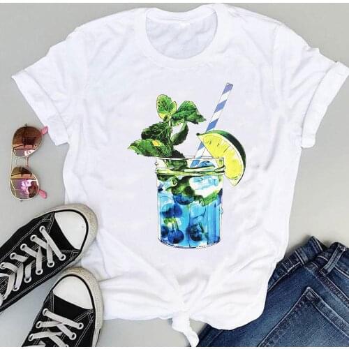 Women Beach Drink Vacation Casual Style Trend Cartoon Short Sleeve Sweet Summer Fashion Print Lovely Clothes Tops Tees T-Shirt
