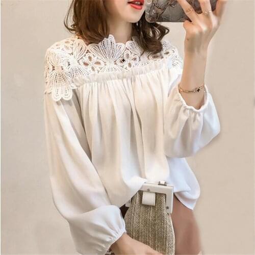 Women Chiffon Blouse Tops Spring Autumn Loose White Lace Blouses Female Long Sleeve Shirt Hollow Out OL Shirts Plus Size AB724