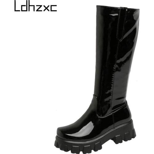 LDHZXC New Big Size Knee High Boots Women Square High Heels Platform Ladies Boots Zipper Autumn Winter Black Boots Female