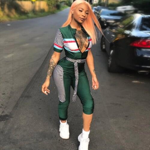 Runway Tall JUMPSUIT Plaid Long Pants Checkerboard Overall Belt Sashes ROMPER Zipper Patchwork For Women Summer Streetwear Green