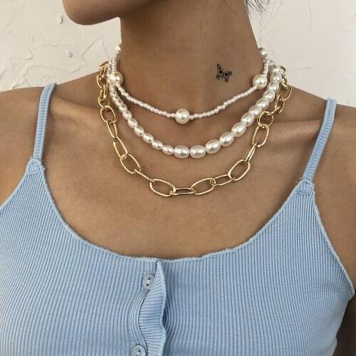 LXY-W 2021 Fashion Multilevel Choker Large Punk Chain Large Artificial Pearls Necklace For Women Boho Vintage Gold Jewelry Gift