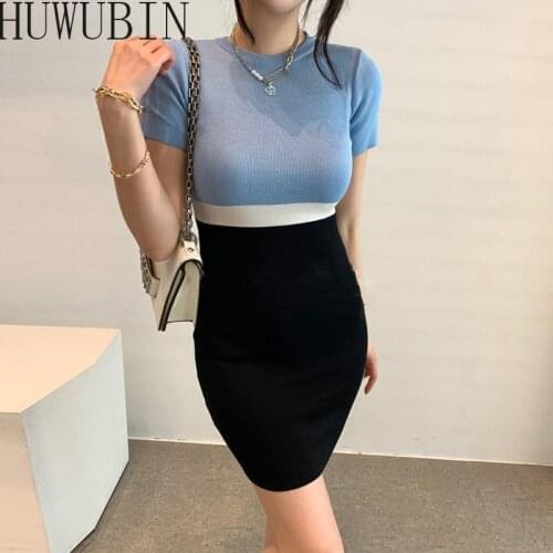 2021 Summer New Womens Round Neck Color Contrast Stitching Slim High Waist High Elastic Knitted Fashion Trend Dress