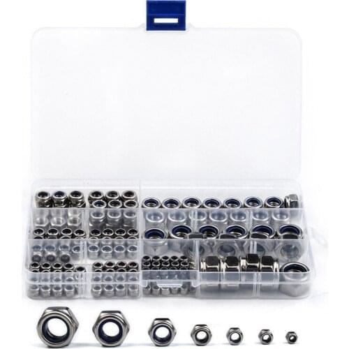 170PCS/ Set Nylon Lock Nut Fastener M3 M4 M5 M6 M8 M10 M12 304 Stainless Steel Self-Locking Hexagon Lock Nut DIN985 Tool Kit