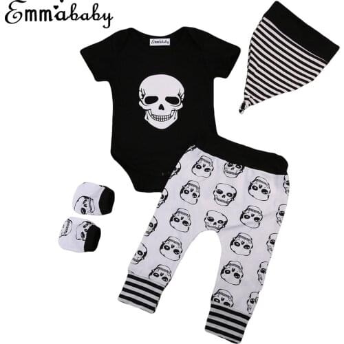 2018 new cute babies set Cotton Newborn Baby Boy Outfits Clothes Skull bodysuit print Pants Leggings lovely kid 4pcs outfit Set