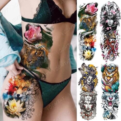 Large Arm Sleeve Tattoo Tiger Fox Lotus Waterproof Temporary Tatto Sticker Alice in Wonderland Body Art Full Fake Tatoo Women