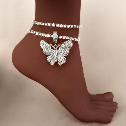 Bling Tennis Chain Rhinestone Anklet Big Butterfly Crystal Pendant Anklets for Women Multi-layer Leg Foot Chain Bracelet Jewelry
