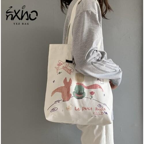 Little Prince Pattern Canvas Bags Harajuku Style Cartoon Shoulder Bags For Women Small Fresh Ladies Shopping Bag Large Eco Bag