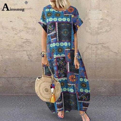 Aimsnug 2020 Summer Women Casual O-neck Long Maxi Dress Patchwork Boho Print Linen Dresses Plus size Ladies Vintage Loose Dress