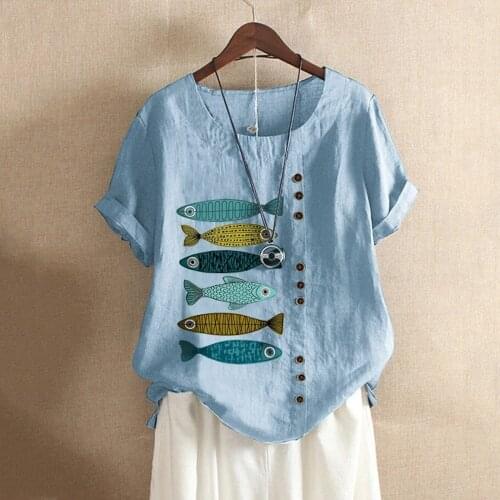 40# Oversized Linen T-shirts Women Casual Boho Kawaii Fish Print Loose T-shirts Short Sleeve Button Summer Pullover Top Футболки