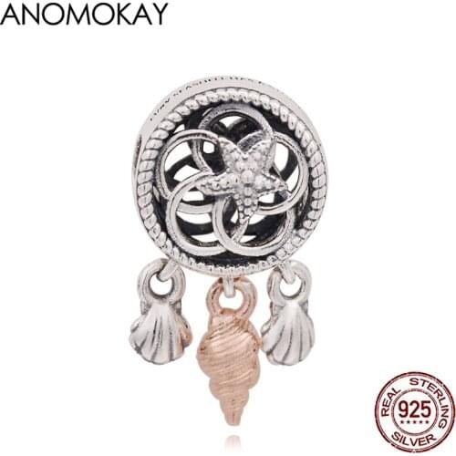 Anomokay Trendy Ocean Shell Dreamcatcher Charm Pendant fit Bracelet Bangle Hollow Out 925 Sterling Silver Sea Conch Bead Jewelry