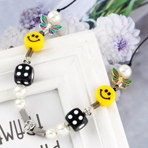 Kpop Fashion Rope Necklaces for Men Dice Skull Pearl Yellow Smiley Face Multicolor Butterfly Necklace Hip Hop Bracelet