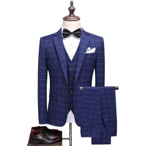 Men Blue Plaid Suit 3 Piece Slim Fit Wedding Prom Tuxedos Formal Dress Windowpane Suits Quality-end Business men suit